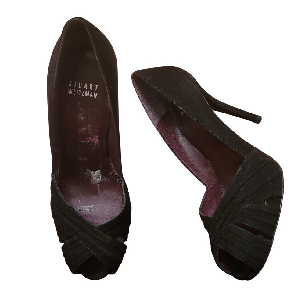 Stuart Weitzman Black Suede Peep Toe Heels‎ 6M Glam Party Formal Stiletto